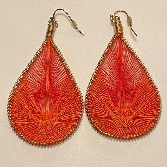 Red & Orange Peruvian Threaded Teardrop Earrings - Picture 2 of 6